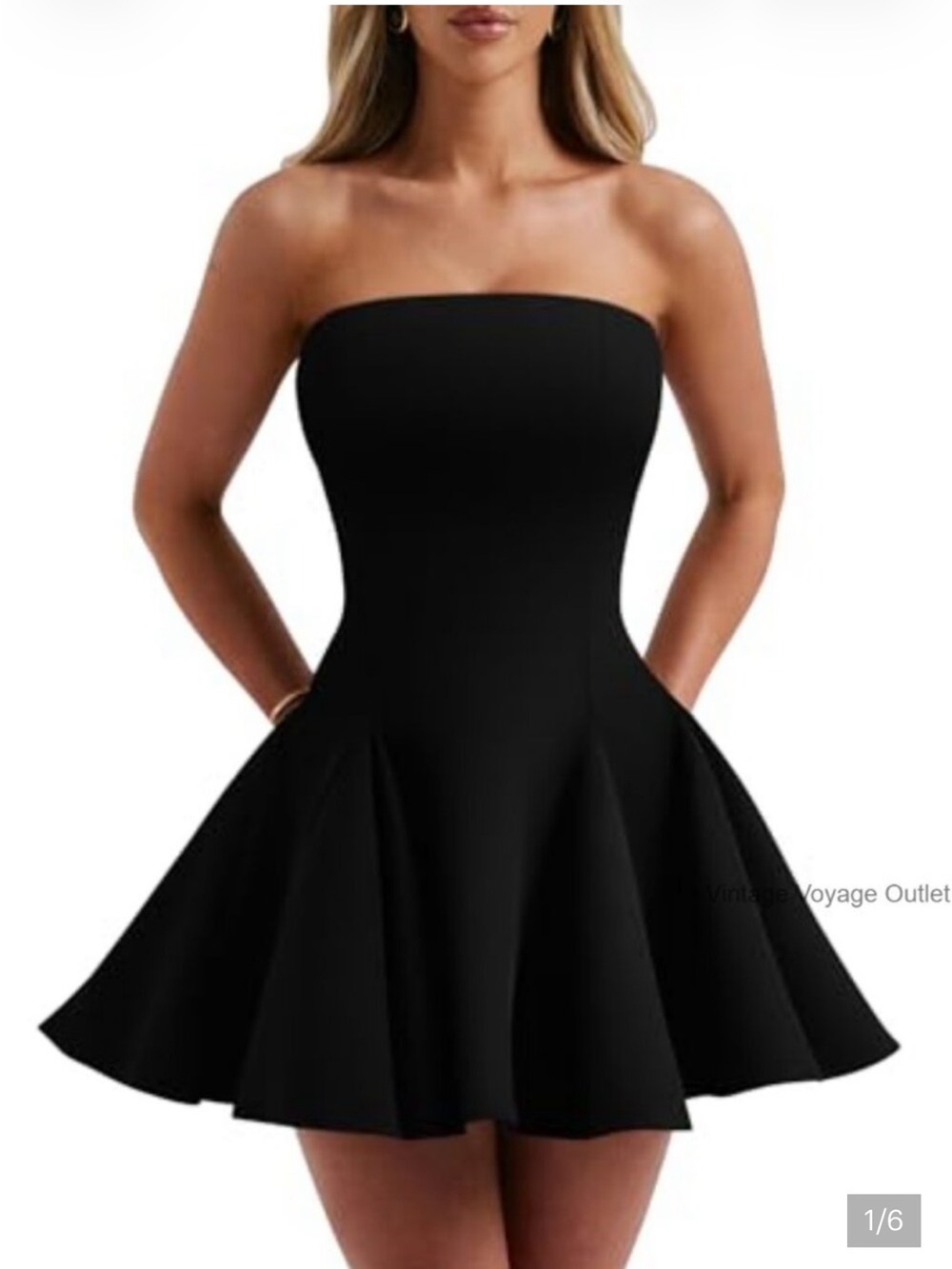 PEPPERMAYO Strapless Flare Pleated Hem Black Mini Dress, XL